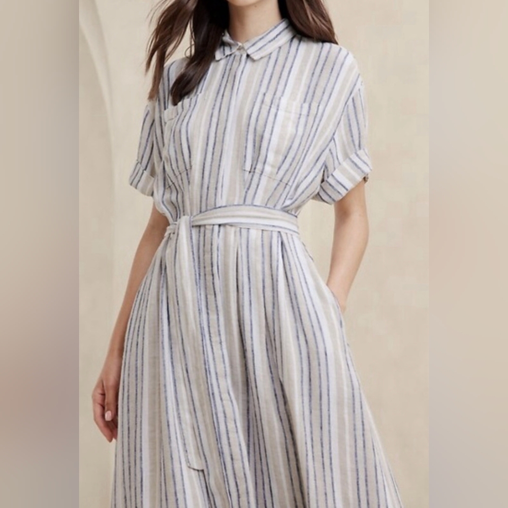 Striped Blue, Tan, and White Linen Shirt Dress with Pockets
